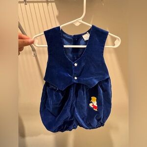 VINTAGE Blue Velvet Baby Romper - Little Drummer Boy Embroidery